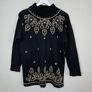 Vintage 90s Victoria Jones Black Beaded Tunic Sweater Size Medium